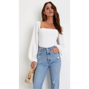 Lulu’s Abundance of Love White Textured Long Sleeve Tie-Back Bodysuit